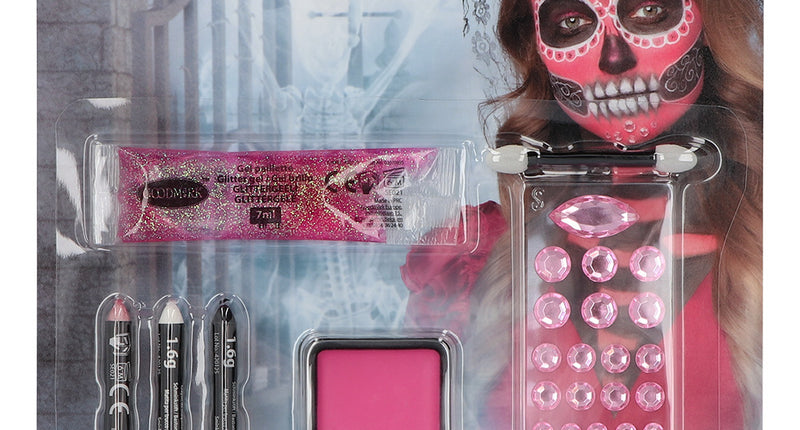 Schminkset Catrina op kaart met roze glittergel, drie schminksticks, roze vetschmink en gezichtssteentjes