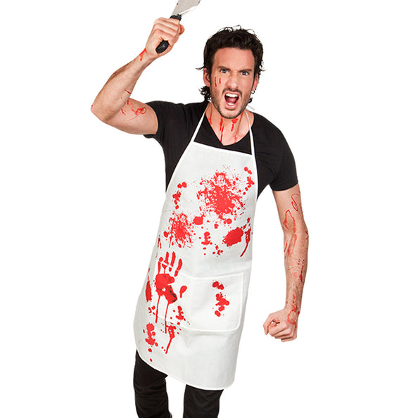 Schort Bloody wit keukenschort met rode bloedspatten en handafdruk, gedragen over zwart shirt voor Halloween
