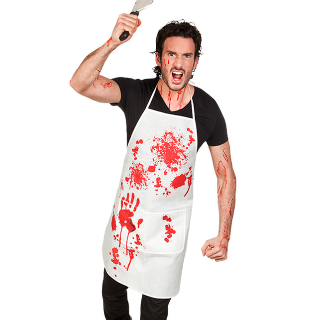 Schort Bloody wit keukenschort met rode bloedspatten en handafdruk, gedragen over zwart shirt voor Halloween