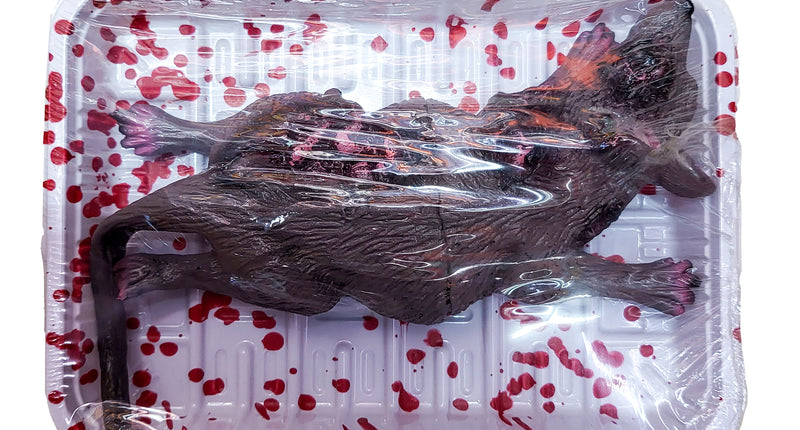 Schotel met rat: nep rat van latex op wit schaaltje met folie en spatten nepbloed voor Halloween