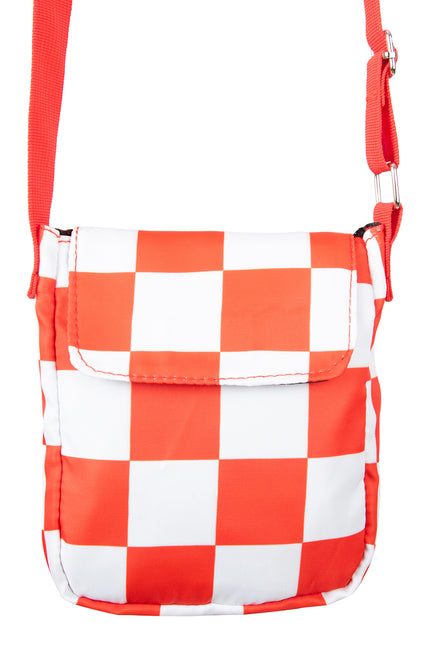 Schoudertasje Brabant rood wit geblokt met flap en rode verstelbare schouderband voor carnaval