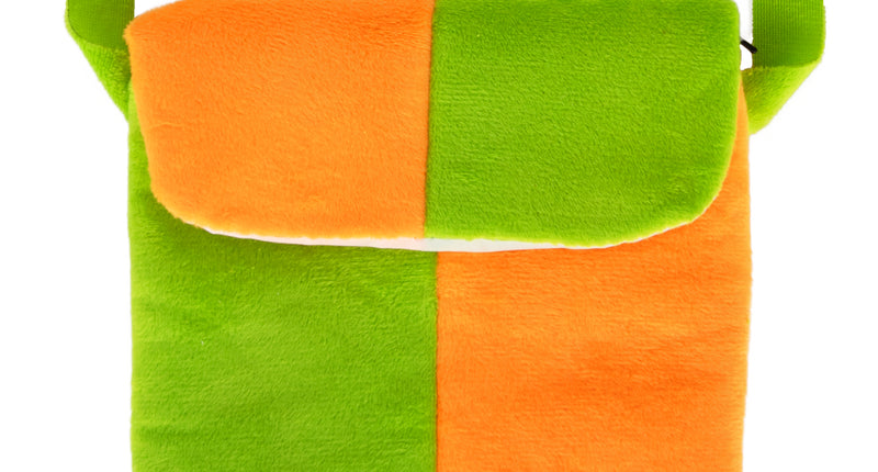 Schoudertasje oranje groen met pluche kleurvlakken, overslag met rits en lange groene schouderband