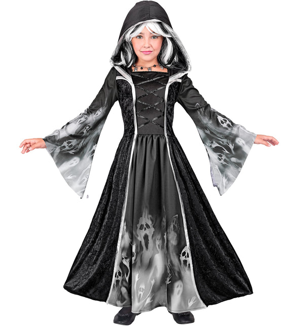 Schreeuwende zielen jurk Olivia, zwarte kinderjurk met kap en grijze spookprint op mouwen en rok voor Halloween