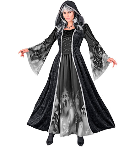 Schreeuwende zielen Olivia dames: lange zwarte jurk met kap en grijze geestenprint voor Halloween