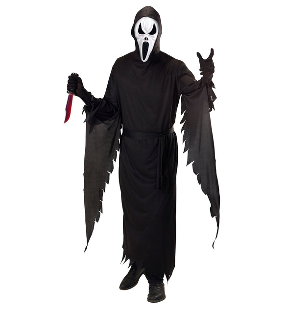 Scream kostuum Charlie heren: zwart gewaad met gerafelde mouwen en wit spookmasker voor Halloween