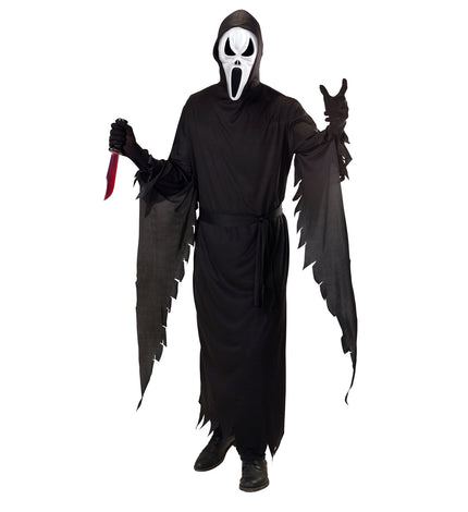 Scream kostuum Charlie heren: zwart gewaad met gerafelde mouwen en wit spookmasker voor Halloween