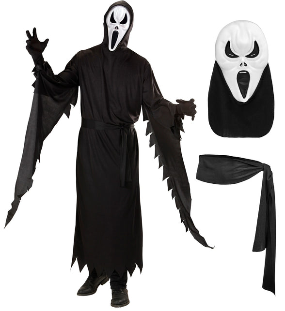 Scream kostuum Charlie met los wit masker op zwarte kap en zwarte stoffen riem