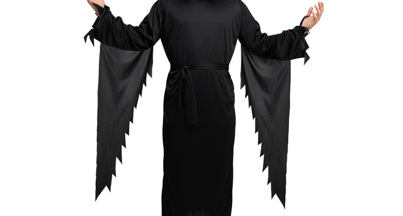 Scream kostuum zwart: lang zwart gewaad met capuchon en gerafelde mouwen voor Halloween