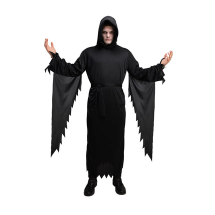 Scream kostuum zwart: lang zwart gewaad met capuchon en gerafelde mouwen voor Halloween