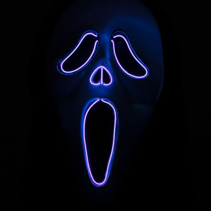 Scream masker met licht in het donker, paarse lichtdraad langs ogen, neus en open mond