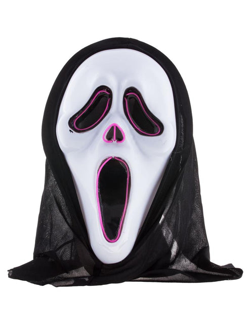 Scream masker met licht, wit spookgezicht met zwarte kap en paarse lichtdraad, voor Halloween