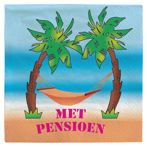 Servetten met pensioen met palmbomen, oranje hangmat en roze tekst op strandachtergrond
