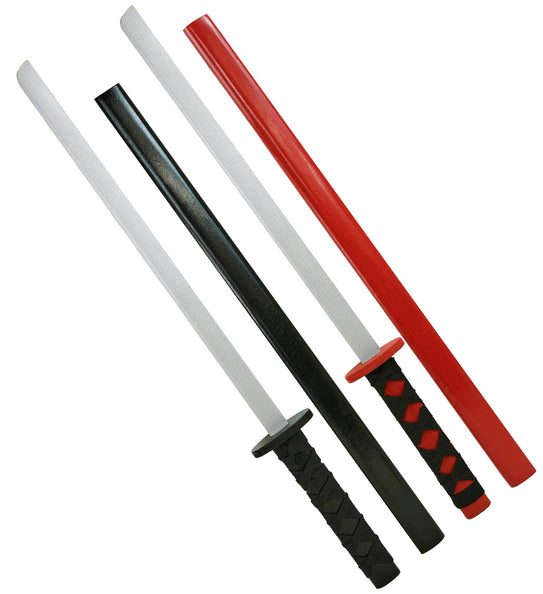 Set van 2 katana met schede: houten zwaarden met zilveren kling en zwart-rode schede