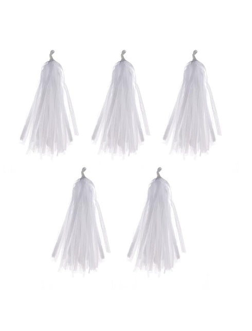 Set van 5 witte pompons voor ballonnen met lange gerafelde slierten