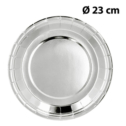 Set 6 papieren bordjes zilver van bovenaf met maataanduiding doorsnede 23 cm