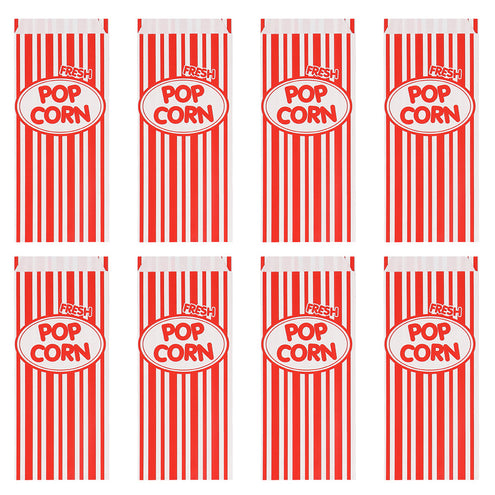 Set 8 papieren popcorn uitdeelzakjes, rood-wit gestreept met popcornopdruk in een wit ovaal, voor een filmavond