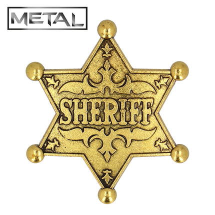 Sheriff badge met zes bolletjes en SHERIFF in reliëf tussen sierkrullen, vooraanzicht