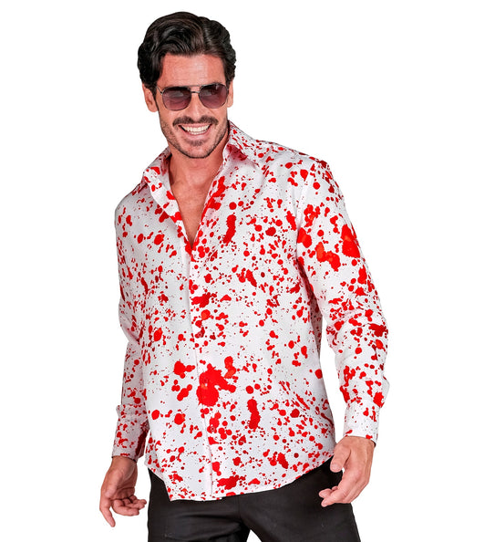 Shirt bloedspetters Erik wit met rode spetters en overhemdkraag voor heren op Halloween