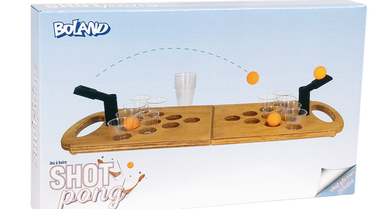 Shot pong drankspel van Boland in verpakking met houten bord, glaasjes en oranje balletjes