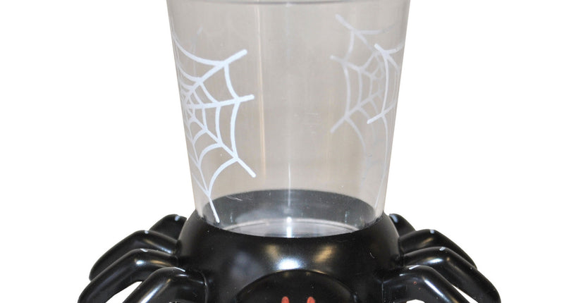 Shotglaasje spin met wit spinnenweb op helder pvc en zwarte spinvoet met rode oogjes, voor Halloween