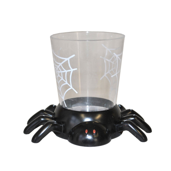 Shotglaasje spin met wit spinnenweb op helder pvc en zwarte spinvoet met rode oogjes, voor Halloween