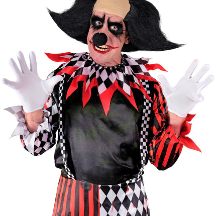 Sinister clown hoofdbedekking Lynn gedragen bij horrorclownkostuum met ruitjeskraag