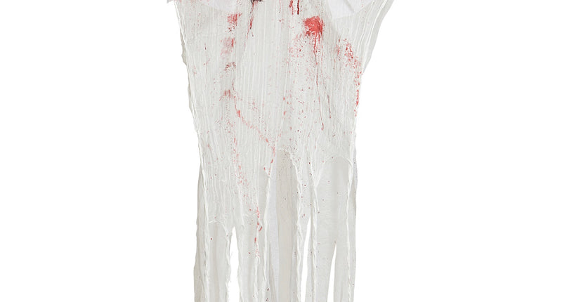 Skelet bruid decoratie 170cm met witte sluier, bloedspatten en gerafelde jurk voor Halloween