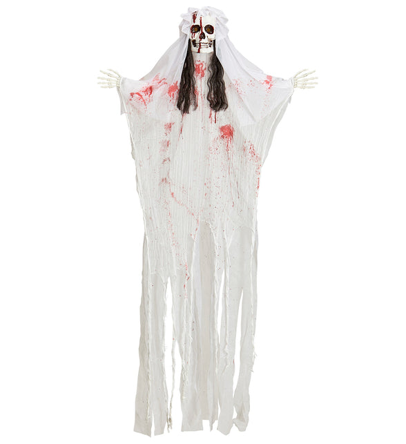 Skelet bruid decoratie 170cm met witte sluier, bloedspatten en gerafelde jurk voor Halloween
