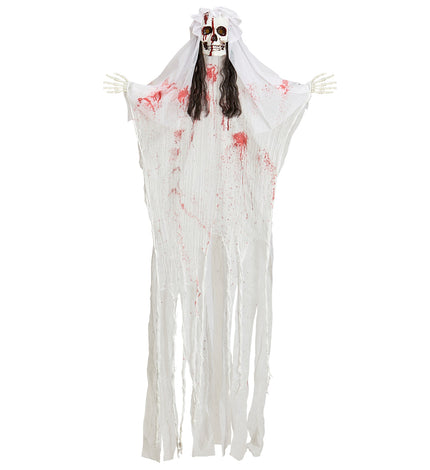 Skelet bruid decoratie 170cm met witte sluier, bloedspatten en gerafelde jurk voor Halloween
