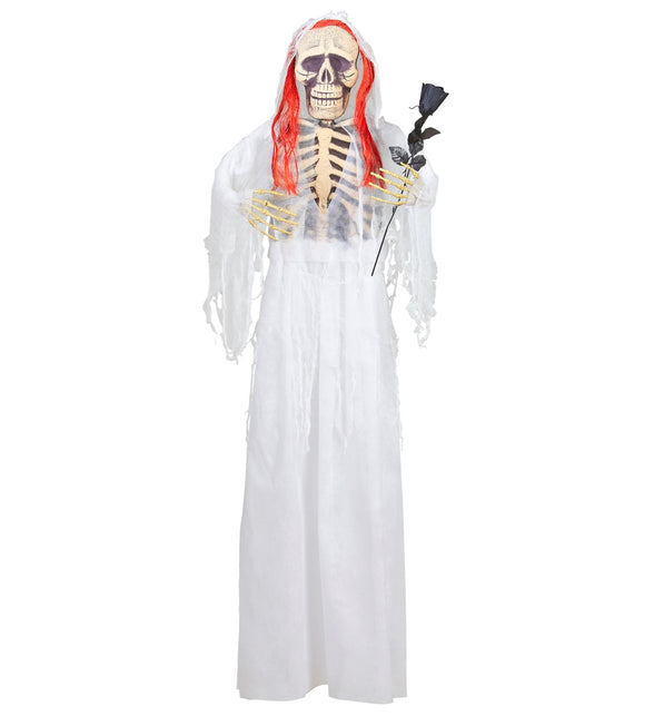 Skelet bruid decoratie pop volledig zichtbaar met lange witte jurk en skelethanden