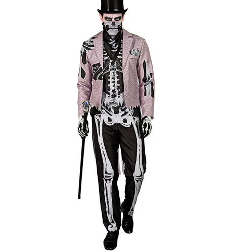 Skelet bruidegom kostuum met oudroze rokjas en wit-grijze botopdruk op vest en broek, voor Halloween