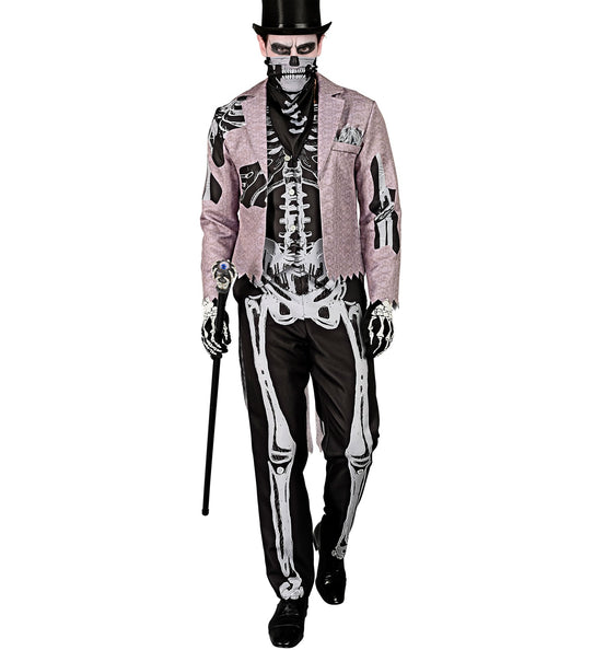 Skelet bruidegom kostuum met oudroze rokjas en wit-grijze botopdruk op vest en broek, voor Halloween