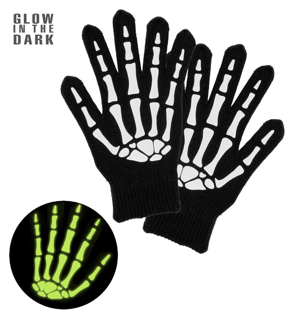 Skelet handschoenen glow-in-the-dark zwart met witte botprint en groen oplichtend detail