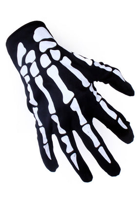 Skelet handschoenen zwart wit met witte botprint op handrug en vingers voor Halloween
