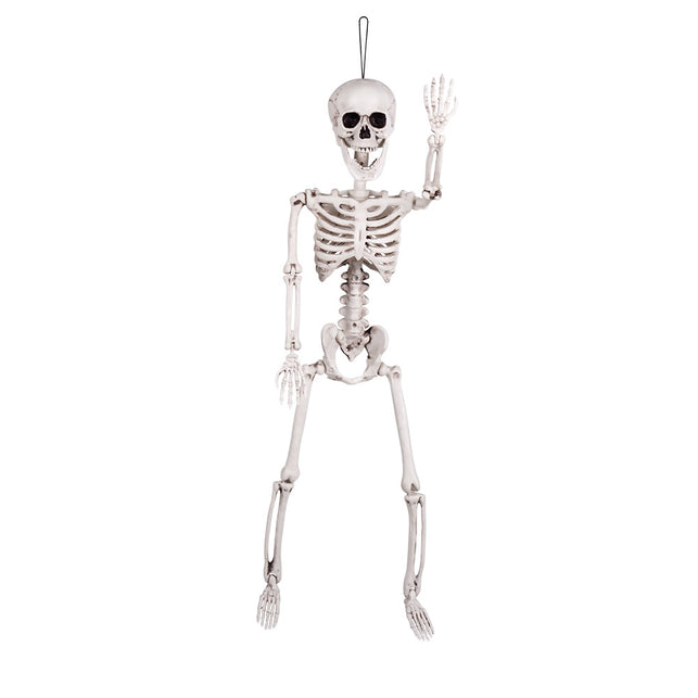Skelet hangdecoratie met open kaak en een zwaaiende arm, opgehangen aan een lus