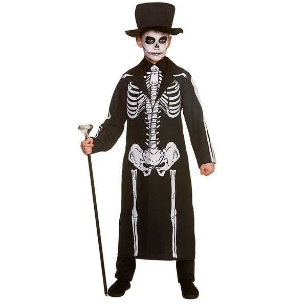 Skelet jas Spectre kind: lange zwarte jas met witte botprint, ondershirt en hoge hoed voor Halloween