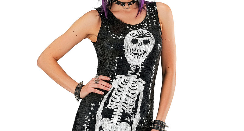 Skelet jurk Britt met pailletten, zwart met wit skelet op de voorkant, voor dames op Halloween