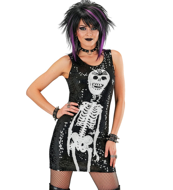 Skelet jurk Britt met pailletten, zwart met wit skelet op de voorkant, voor dames op Halloween