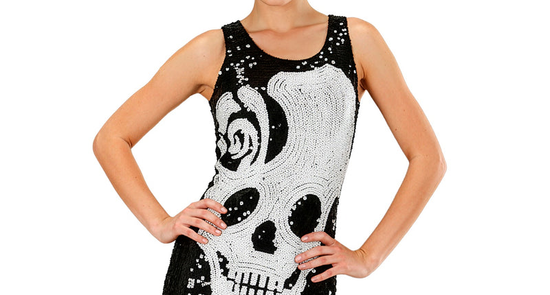Skelet jurk Noortje met witte schedel in pailletten op zwarte jurk, mouwloos, voor Halloween