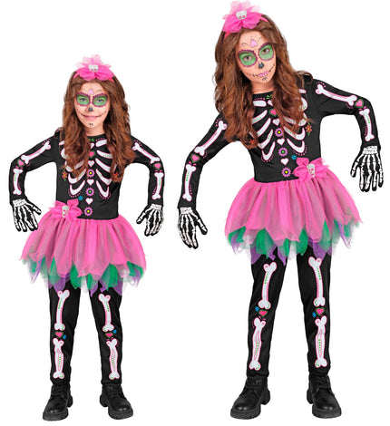 Skelet kostuum Eva met zwarte bottenprint jumpsuit en roze tutu, in twee maten voor Halloween
