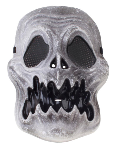 Skelet masker in grijswit met zwarte tandenrij en donkere oogvlakken voor Halloween