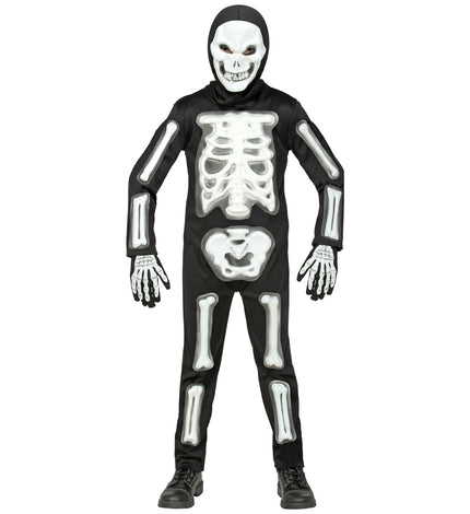 Skelet pak 3D voor kinderen: zwarte jumpsuit met witte 3D-botten en skeletmasker met capuchon voor Halloween
