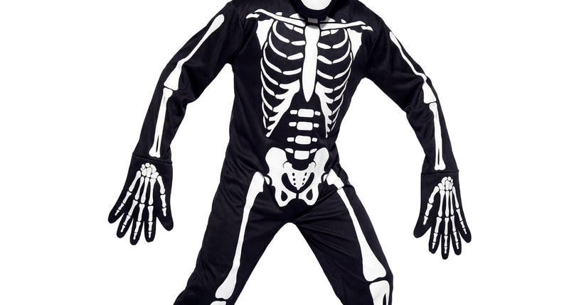 Skelet pak met groot hoofd: zwarte overall met witte botopdruk en skeletmasker met rode ogen voor Halloween