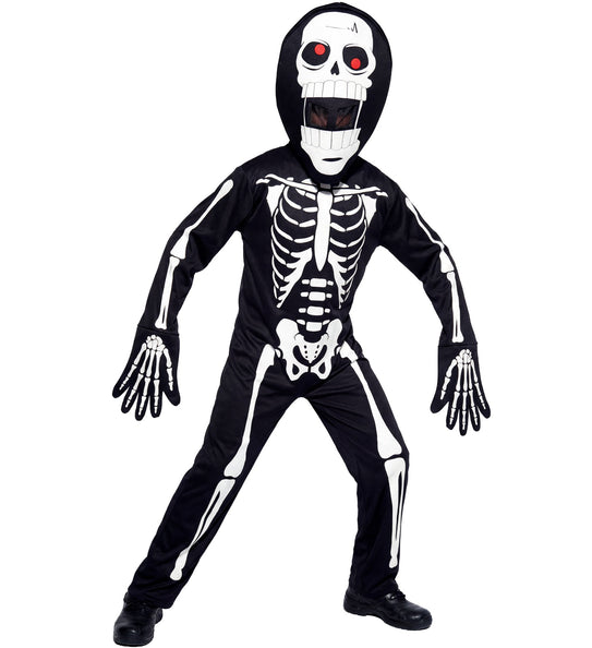 Skelet pak met groot hoofd: zwarte overall met witte botopdruk en skeletmasker met rode ogen voor Halloween