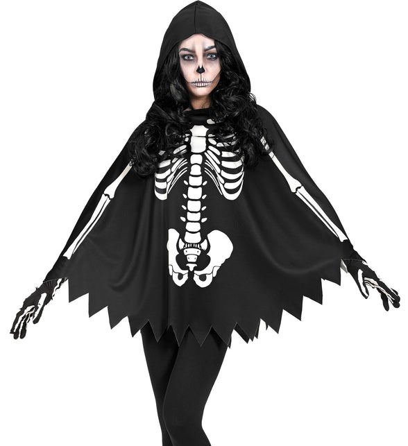 Skelet poncho volwassenen in zwart met witte ribbenkast- en bekkenprint en capuchon voor Halloween