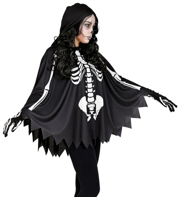 Skelet poncho zijaanzicht met wijd vallende mouwvlakken en witte armbotten op zwart polyester