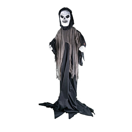 Skelet pop van 200 cm met wit schedelmasker, zwarte capuchon en grijze gerafelde lappen voor Halloween