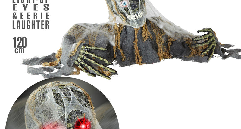 Skelet zombie groundbreaker met bewegend hoofd, grijs gerafeld doek, skelethanden en rood oplichtende ogen