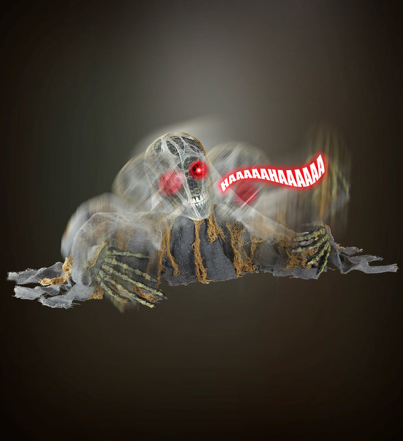Skelet zombie groundbreaker met draaiend hoofd en rode lichtogen in het donker, halloweendecoratie
