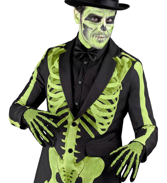 Skelethandschoenen met botten in zwart, gedragen bij een skeletkostuum met hoed voor Halloween